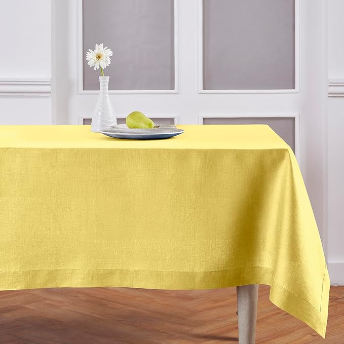 Solino Home Linen Tablecloth for Rectangle Tables 60 x 108 Inch - 100% Pure Linen Sunshine Yellow Table Cloth - Fete, Machine Washable Cloth Tablecloth