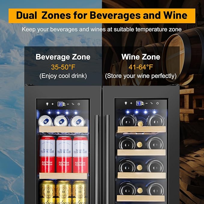 Wine and Beverage Refrigerator, 24 Inch Beverage Cooler Dual Zone with Glass Door, Under Counter Beverage Fridge with Upgraded 60 Cans 20 Bottles Large Capacity, Black