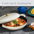 CAROTE 3.4QT Enameled Cast Iron Braiser Pan, Shallow Dutch Oven Casserole Skillets, Non-Toxic Cast Iron Pot with Lid for Grilling, Searing, Baking, Dual Handles, All Stovetop Compatible, White