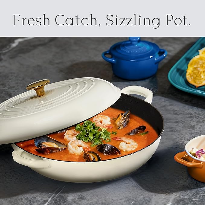 CAROTE 3.4QT Enameled Cast Iron Braiser Pan, Shallow Dutch Oven Casserole Skillets, Non-Toxic Cast Iron Pot with Lid for Grilling, Searing, Baking, Dual Handles, All Stovetop Compatible, White