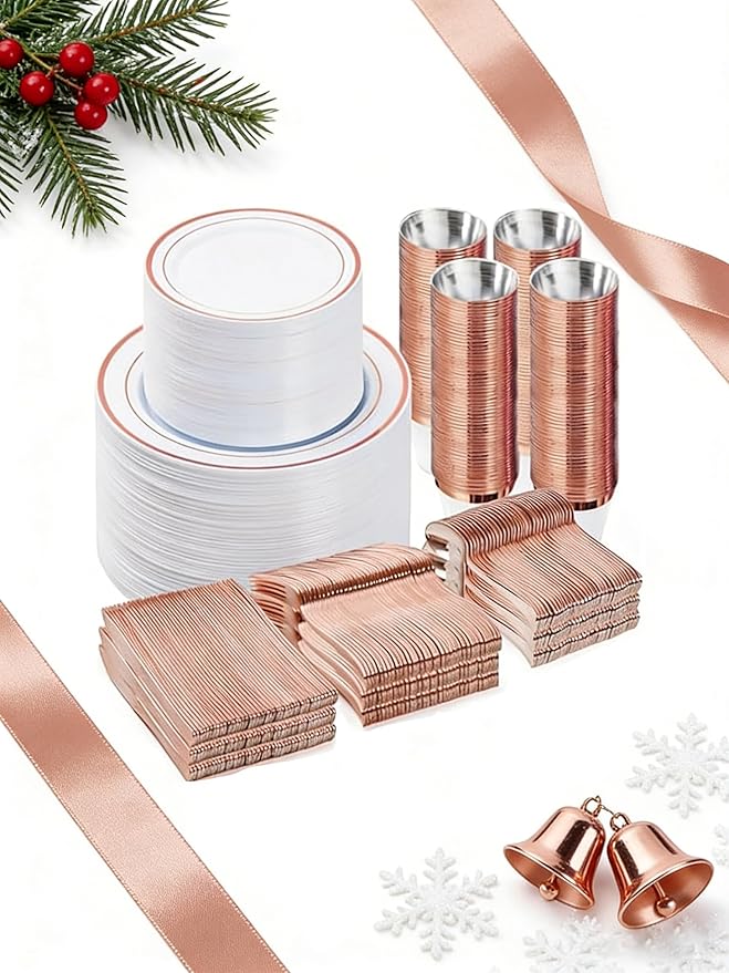 BESTVIP 600PCS Plastic Dinnerware Set (100 Guests), Rose Gold Disposable Plates for Party, Wedding, Christmas, Anniversary, Includes: Dinner Plates, Dessert Plates, Cups, Spoons, Forks and Knives