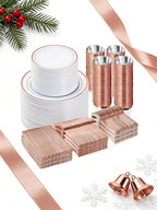 BESTVIP 600PCS Plastic Dinnerware Set (100 Guests), Rose Gold Disposable Plates for Party, Wedding, Christmas, Anniversary, Includes: Dinner Plates, Dessert Plates, Cups, Spoons, Forks and Knives