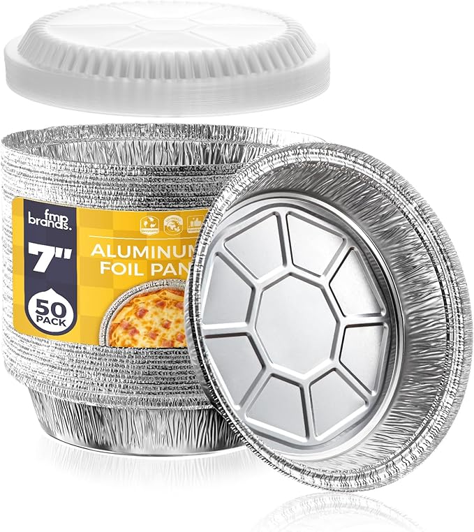 Fit Meal Prep 50 Pack 7" Round Aluminum Foil Pans with Clear Dome Lids, Pie Tins Disposable 7 inch with Lids, Take Out Containers, Freezer Oven Safe Aluminum Baking Pans for Storing, Cooking, Storage