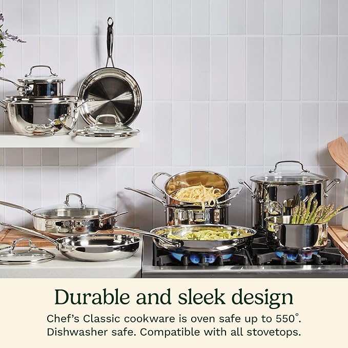 Cuisinart 8-Inch Open Skillet, Stainless Steel Skillet, Large Kitchen Pan, Dishwasher Safe, Compatible with Induction, Electric, Gas Cooktops, Oven Safe Saucepan, Cool Grip Handles