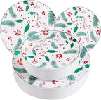 NOCCUR 60PCS Christmas Disposable Plates - Green & Red Plastic Dinner Plates, 30 Dinner & 30 Salad Plates - Pine Needle & Berry Design, Heavy Duty for Christmas Parties