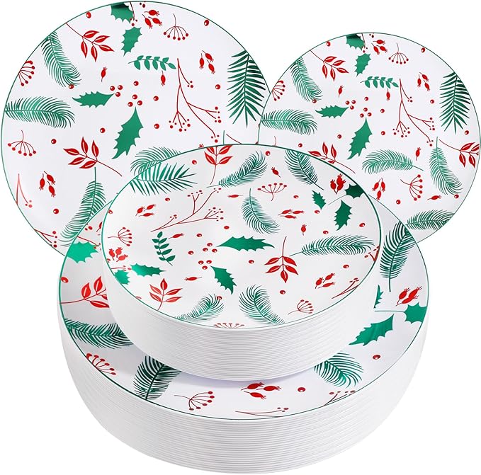 NOCCUR 60PCS Christmas Disposable Plates - Green & Red Plastic Dinner Plates, 30 Dinner & 30 Salad Plates - Pine Needle & Berry Design, Heavy Duty for Christmas Parties