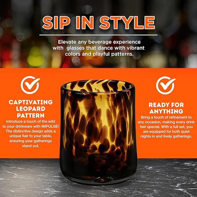 IMPULSE! Tortoise Leopard Print Brown 10 oz. Rocks Glasses, Set of 4 - Stylish Stemless Cocktail Cups Glass - Ideal Glassware Tumbler for Gin, Tequila, Vodka, Soft Drinks - 3.15 × 3.15 × 4.3 in