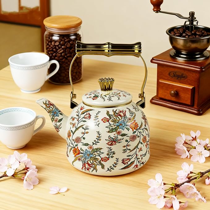 Vintage Enamel Tea Kettle, Colorful Floral Pattern Stovetop Teapot with Gold Handle, 2.5L Enamel Kettle Kitchen Decor, Ideal Gift for Housewarming Camping Coffee Pot