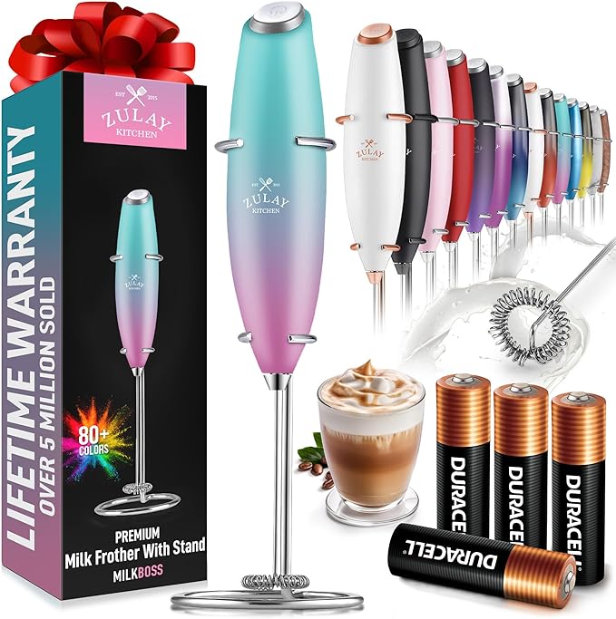 Zulay Kitchen Powerful Milk Frother Wand With 4 AA Duracell Batteries - Ultra Fast Handheld Drink Mixer - Electric Whisk Foam Maker for Coffee, Lattes, Cappuccino, Matcha & Creamer - Pink Spritz