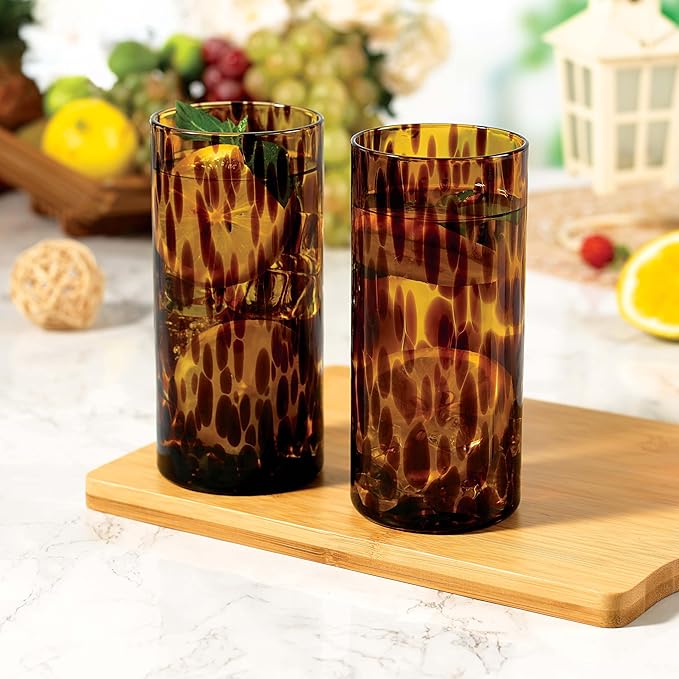 Joseph Sedgh Collection Tortoise Shell Highball Glass Set of 4 – 14.54 oz Borosilicate Cocktail & Water Glasses – Durable, Lead-Free, Dishwasher Safe – Elegant Gift Packaging