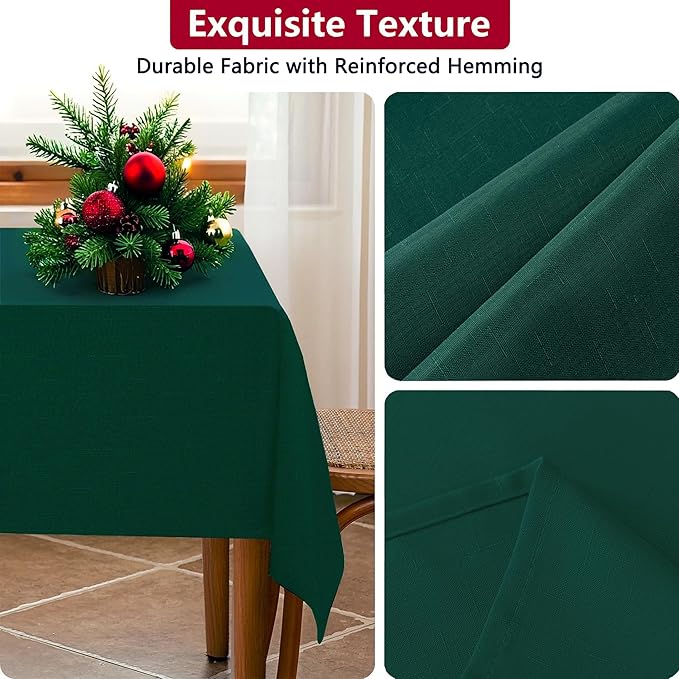 Green Textured Fabric Rectangle Tablecloth, Faux Linen Water Resistant Table Cloth for 6 Foot Rectangular Table, Washable for Dinig Party Holiday Decoration, 60 x 84 Inch