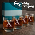 On The Rox (X-Monogram)- 4 Piece Set of 11 Ounce Engraved Heavy Base Rocks Glasses- Quality Elegant Glass-Multi-Purpose Beverage-Rocks Glass- For any Occasion