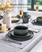 Famiware Star 24-Piece Plates and Bowls Set with Trim, Service for 8 - Stoneware Reactive Glaze Dinnerware, High Edge Ribbed Dishes, Chip & Scratch Resistant, Microwave & Dishwasher Safe, Deep Forest