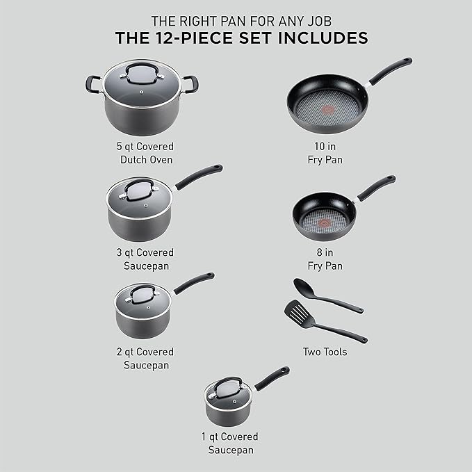 T-fal Ultimate Hard Anodized Nonstick Cookware Set 12 Piece, Oven Broiler Safe 400F, Lid Safe 350F, Kitchen Cooking Set w/Fry Pans, Saucepans, Dutch Oven, Pots and Pans, Dishwasher Safe, Onyx