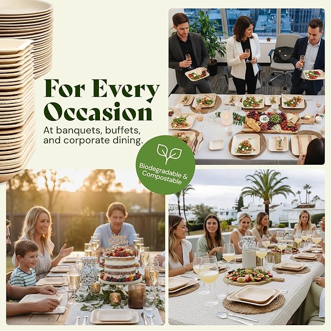 Chic Leaf Compostable Palm Leaf Plates & Cups Set - 10 In & 7 In Pack of 45, Natural - Biodegradable Tableware & Disposable Plates & Cups - Durable Bamboo Utensils, Thanksgiving Dinner