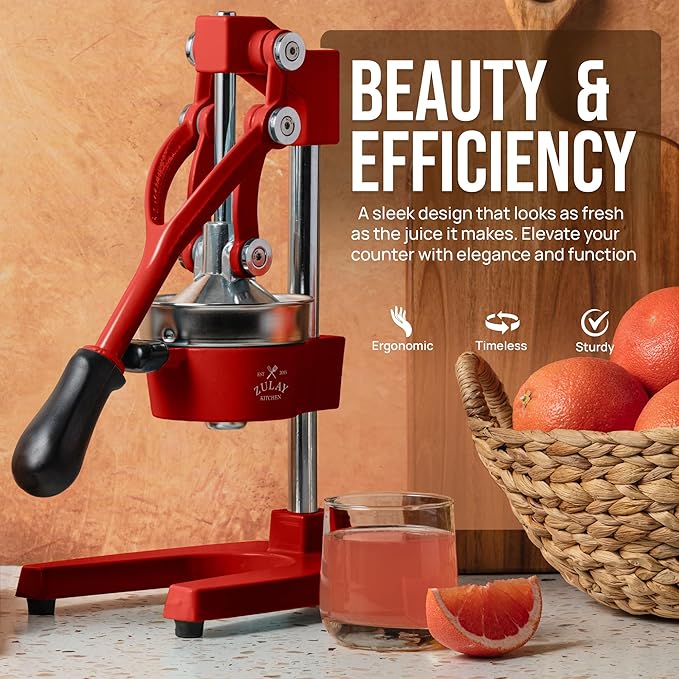 Zulay Kitchen Cast Iron Juicer - Easy-to-Clean Heavy-Duty Manual Juicer, Professional Citrus Juicer - Stainless Steel Lemon Squeezer - Manual Citrus Press & Orange Squeezer - Orange Juicer - Deep Red