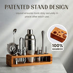 Modern Mixology 21-Piece Cocktail Shaker Set with Stand | Complete Cocktail Kit Gift Set | Top Bartender Gifts for Men & Women | Portable Bar Tools (Silver, Brown Stand)