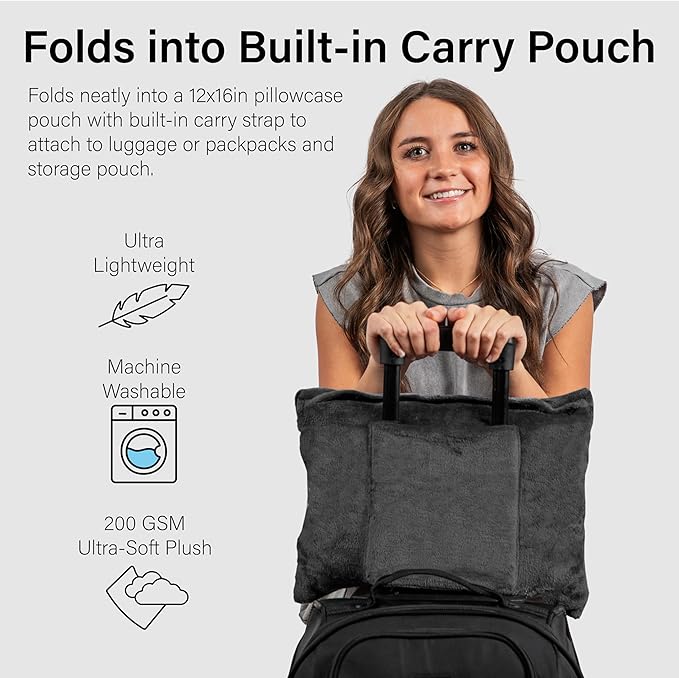 NAPRO 3‑in‑1 Travel Blanket Pillow Scarf – Convertible 50×80″ Blanket, 12×16″ Pillow, 80″ Infinity Neck Pillow – Lightweight, Plush – Black
