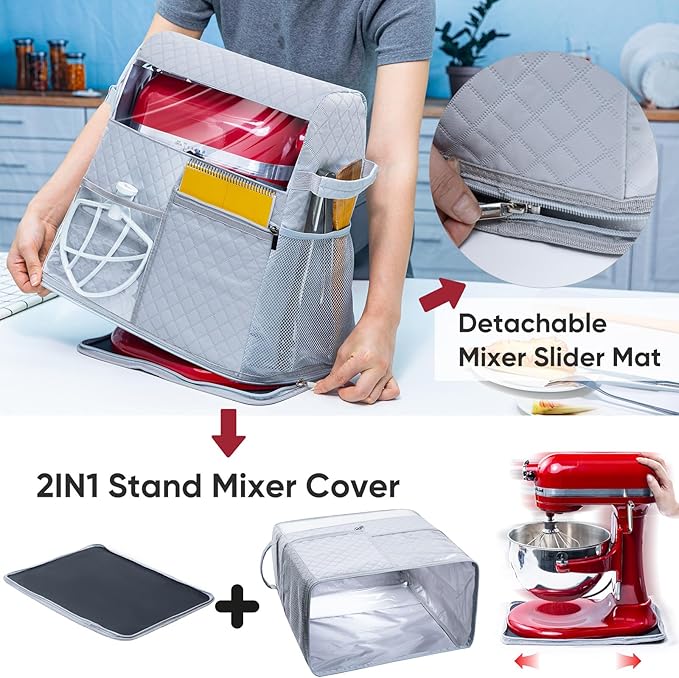 BAGSPRITE Stand Mixer Cover with Detachable Appliance Sliders Base Compatible with KitchenAid Mixer-Storage Bag for 6/7/8 Quart with Pockets for Kitchen Aid Accessories and Attachments