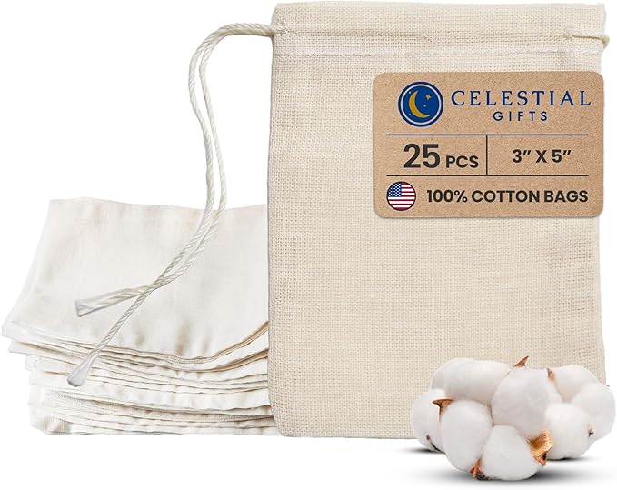 Celestial Gifts Muslin Bags - Drawstring Bags Small 25pcs - 3x5, Reusable Tea Bags, Jewelry Gift, Spice and Cotton Gift Sachet Bags - 100% Cotton - Made in USA - (Natural Hem & Drawstring)