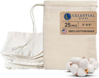 Celestial Gifts Muslin Bags - Drawstring Bags Small 25pcs - 3x5, Reusable Tea Bags, Jewelry Gift, Spice and Cotton Gift Sachet Bags - 100% Cotton - Made in USA - (Natural Hem & Drawstring)