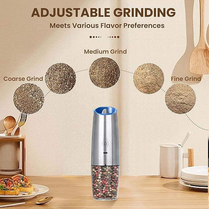 Rechargeable Electric Salt And Pepper Grinder Set, Automatic Gravity Electric Salt And Pepper Grinder Set, Adjustable Roughness, Led Light, 1 Pack, (Silver)