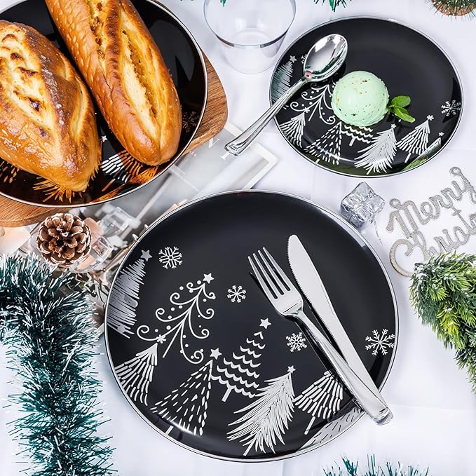 KIRE 150PCS Christmas Plates Disposable & Dinnerware Set for 25 Guests - Black & Silver Plates, Plastic Silverware & Cups With Silver Rim for Christmas Party Supplies