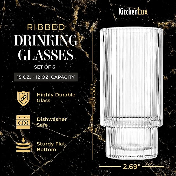 Kitchen Lux Ribbed Drinking Glasses - Ribbed Glass Cups 12 oz - Ribbed Glassware Set of 6 - Textured Vintage Retro Ripple Aesthetic Glass Ware for Whiskey Cocktail Beer Water, Coffee Bar Accessories