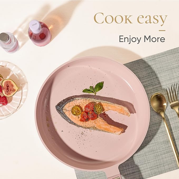 CAROTE Ceramic Cookware Set Nonstick, 14pcs Pots and Pans Set Nonstick, Non-Toxic & PFAS-Free, Dishwasher, RV/Camping Cookware Set, Cooking Pots with Lids, Pink Blush