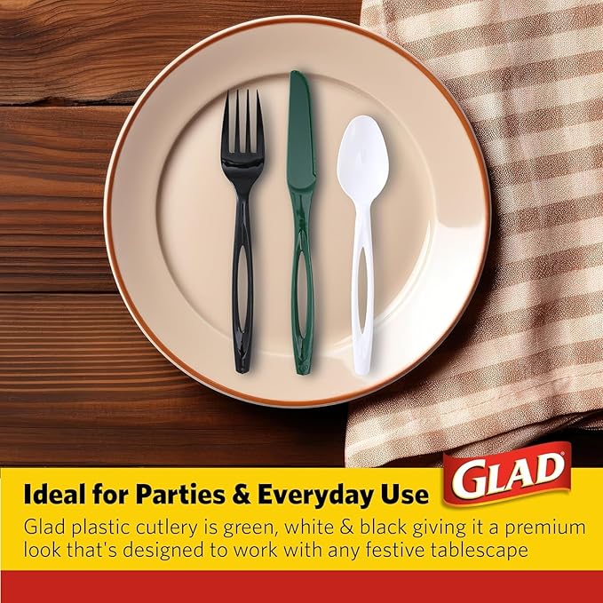 Glad Plastic Assorted Disposable Cutlery Set, Green, White and Black - Includes Forks, Knives, and Spoons - Set of Sturdy, Heavy Duty Party Utensils, 120 Count - 6 Pack