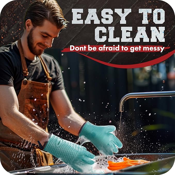 KITCHEN PERFECTION XL Silicone Smoker Oven Gloves -Extreme Heat Resistant BBQ Gloves -Handle Hot Food Right on Your Grill Fryer & Pit | Waterproof Oven Mitts Grill Gloves |Superior Value Set+3 Bonuses