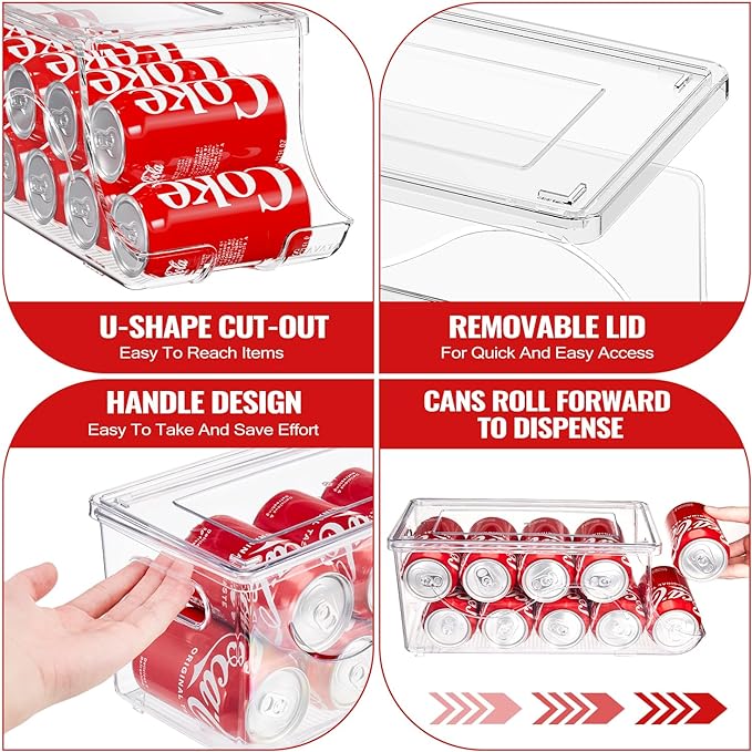 SCAVATA 4 Pack Stackable Refrigerator Organizer, Soda Can Dispenser Pop Cans Container Beverage Holder with Lid for Fridge, Freezer, Kitchen, Clear Plastic Storage Bins-Holds 10 Cans Each