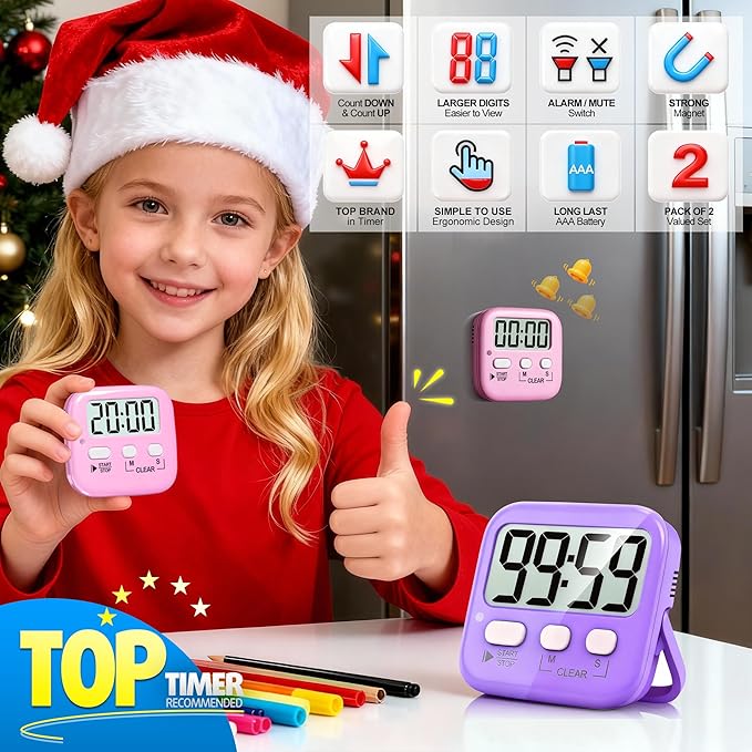 Antonki 2 Pack Digital Timer for Kids, Magnetic Countdown Kitchen Timers for Cooking, Egg, Classroom, Teacher, Exercise, Study, Oven - Battery Included