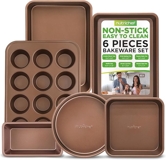 NutriChef 6-Piece Nonstick Bakeware Set, Carbon Steel Baking Pans Set, Includes Cookie Sheets, Wide & Square Bake Pans, Bread Loaf & Round Cake Pan, Muffin Pan - Gold