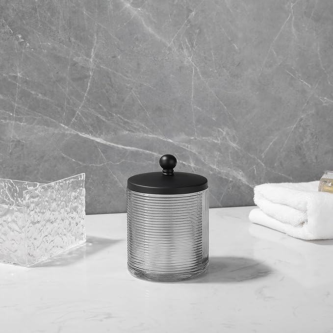 Gray Colored Tranlucent Apothecary Ribbed Geo Etched Glass Jar W/Matte Black Metal Lid Cover for Bathroom Organization, Cotton Balls, Q Tips, and Small Accessories, Bathroom Storage