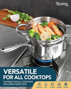 MICHELANGELO Stainless Steel Saucepans with Steamer 5Pcs, 18/10 Saucepan Set with Glass Lids, Sauce Pot Set with Triply Bottom Induction Compatible - 1QT & 2QT