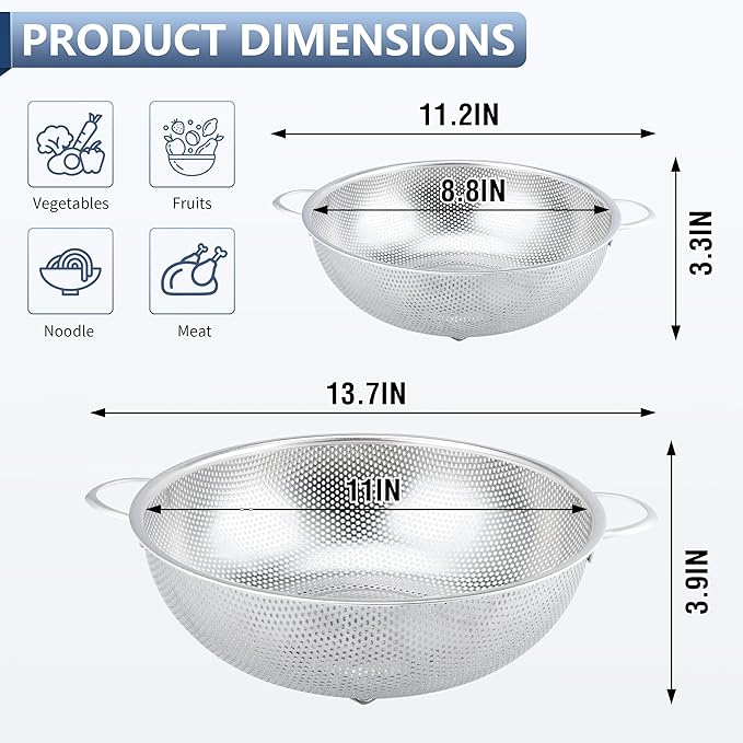Gulex Colander Stainless Steel 3-Quart, Metal Strainer with Base, Strainer for Kitchen Food, Dishwasher Safe