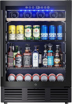 24 In Beverage Refrigerator, 112 Cans & 8 Bottles Wine Fridge with Double-Layer Glass Door, Built-In or Freestanding Wine and Beverage Refrigerator, Under Counter Fridge for Home/Bar/Cafe