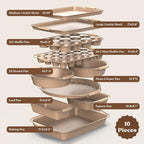 Country Kitchen Nonstick Stackable Bakeware Set - Heavy Duty, Durable, Easy Release Baking Set, Gold, 10 Pcs
