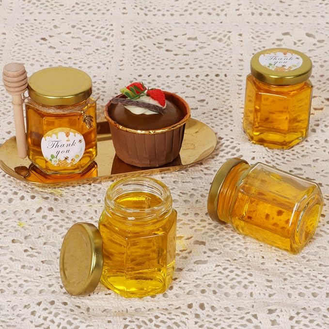BIGIVACA 3 oz Mini Honey Jars - 20 Pack Hexagon Glass Jars with Wood Dippers, Gold Lids, Bee Pendants, Jutes, Stickers for Wedding Favors, Party Favors, Candle Making