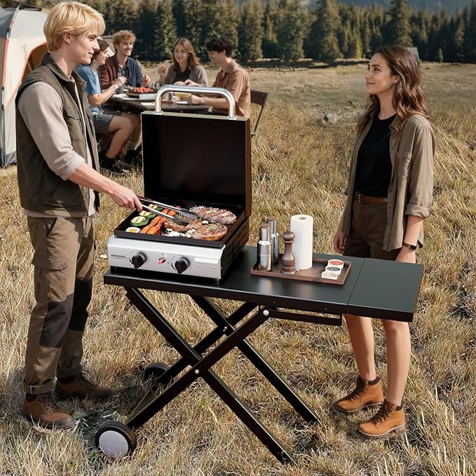 ROVSUN 2 Burner Foldable Propane Griddle with Wheels, Enameled Tray & Lid, 20000 BTU Portable Rolling Flat Top Gas Grill with Electronic Ignition & Regulator for Outdoor Cooking Camping BBQ Tailgating