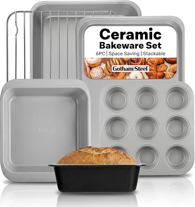 Gotham Steel 6 Pc Stackable Baking Pans Set, 70% Space Saving Design, Ceramic Bakeware Sets Non Toxic Made Without PFOA PFOS, with Cookie Sheet Tray, Cake & Muffin Pans, Oven & Dishwasher Safe