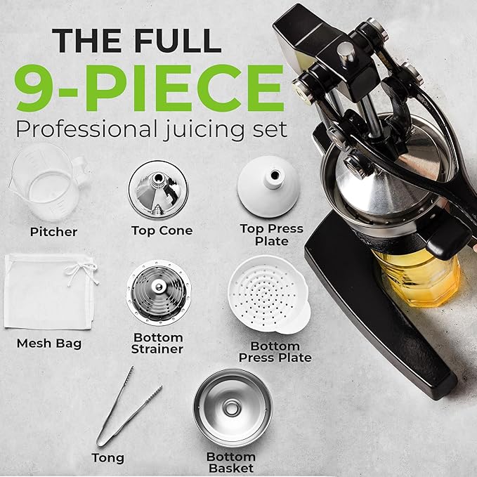 Zulay Kitchen Puplerizer 9 in 1 Cast Iron Juicer - Easy-to-Clean Heavy-Duty Manual Juicer with Presser Attachment to Juice All Types of Fruits! Extra Tall with Stainless Steel Bowl - Black
