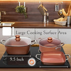 Moss & Stone 7 Pcs Copper Chef Cookware Non Stick Deep Frying Pan 9.5" x 3.5", Fry Basket, Dishwasher & Oven Safe, 5 Qt Deep Square Pot, Non Stick Pan & Round Pot, Induction Copper Cookware Set