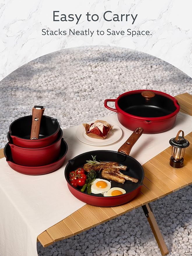 CAROTE 20Pcs Titanium Cookware Set, Pots and Pans Set Non Stick, Kitchen Cooking Set with Detachable Handle, Non Toxic Induction Cookware - Camping Cookware, Dishwasher/Oven Safe, Red