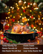 Roasting Pan with Lid & Rack 18 Inch Extra Large Deep Oven Baking Pot, Enamel Granite Non-Stick Oval Carbon Steel Pot for Turkey Chicken Ham Steak Non-Toxic for Mother Day Gift Roaster Pan
