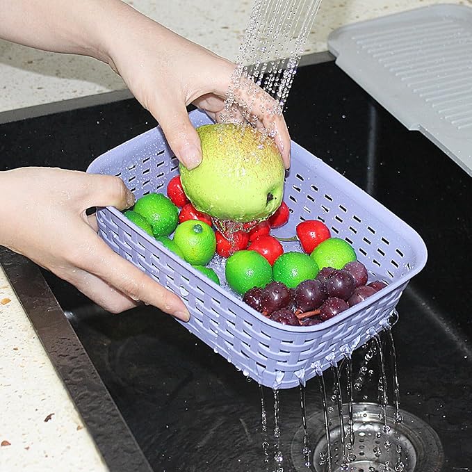 Soddeph Plastic Storage Baskets for Cabinets, Household Pantry Organization with Handle,Organizer Bins for Room,Bathrooms,Under-Sink,Kitchen (Purple, XS-3PACK)