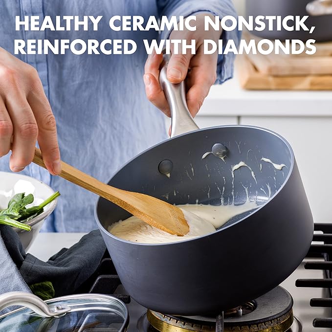 GreenPan Lima Hard Anodized Healthy Ceramic Nonstick 1QT and 2QT Saucepan Pot Set, PFAS-Free, Oven Safe, Gray
