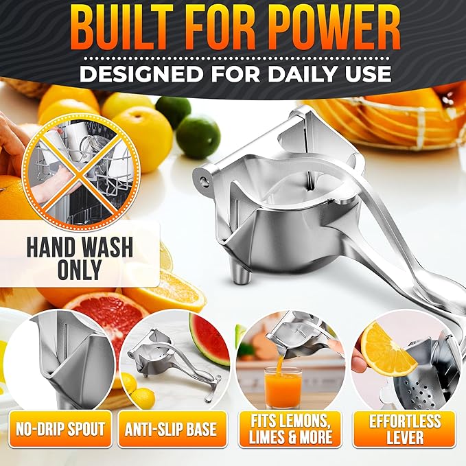Hand Juicer Squeezer with Ergonomic Heavy Duty Handle – 20 oz Bowl Aluminum Lemon Juicer with Pour Spout for Mess-Free Pouring - Manual Citrus Press for Lemon, Orange, Lime, Grapefruit, Pomegranate