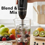 OVENTE Immersion Hand Blender Set, 300W Electric Handheld Stick Mixer, 2 Mixing Speeds with Stainless Steel Blades, Egg Whisk, Beaker & BPA-Free Food Chopper, Black HS565B